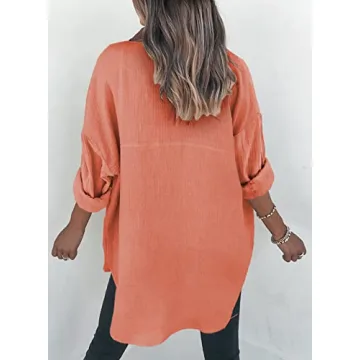 Dokotoo Womens 2024 Spring Fashion Oversized Lightweight Solid Color Long Sleeve Button Up Pockets Shirts Soft Basic Daily V Neck Collared Loose Fit Tunic Ladies Fall Blouse Tops Orange M