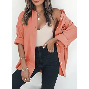 Dokotoo Womens 2024 Spring Fashion Oversized Lightweight Solid Color Long Sleeve Button Up Pockets Shirts Soft Basic Daily V Neck Collared Loose Fit Tunic Ladies Fall Blouse Tops Orange M