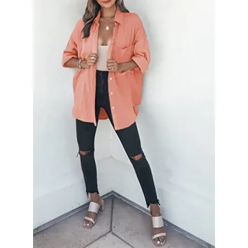 Dokotoo Womens 2024 Spring Fashion Oversized Lightweight Solid Color Long Sleeve Button Up Pockets Shirts Soft Basic Daily V Neck Collared Loose Fit Tunic Ladies Fall Blouse Tops Orange M