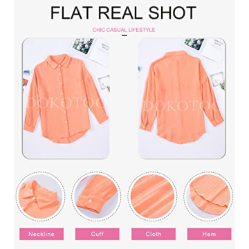 Dokotoo Womens 2024 Spring Fashion Oversized Lightweight Solid Color Long Sleeve Button Up Pockets Shirts Soft Basic Daily V Neck Collared Loose Fit Tunic Ladies Fall Blouse Tops Orange M
