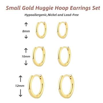 IDJEOABL Small Gold Hoop Earrings Set for Multiple Piercings Stack Non Tarnish Mini Tiny Huggie Gold Earring Pack for Women Lightweight Jewelry for Women Non Tarnish
