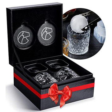 LEEBS Whiskey Set - Whiskey Gifts for Men - Whiskey Glasses Set of 2, 2 Large Sphere Ice Molds, 2 Sl...