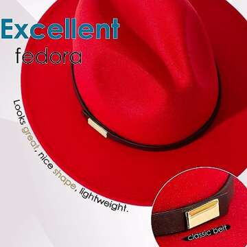 Gossifan Fedora Hats for Men Wide Brim Panama Hat with Classic Belt-B Belt Red