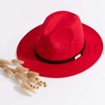 Gossifan Fedora Hats for Men Wide Brim Panama Hat with Classic Belt-B Belt Red