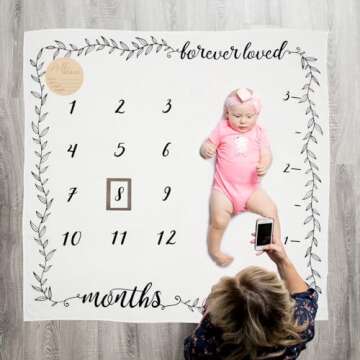 Organic Baby Monthly Milestone Blanket Boy or Girl - Months Blanket with Wood Frame and Newborn Announcement Disc - Growth Chart Milestone Blanket Neutral, 1-12 Month Milestones, 47”x47”