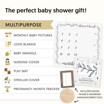 Organic Baby Monthly Milestone Blanket Boy or Girl - Months Blanket with Wood Frame and Newborn Announcement Disc - Growth Chart Milestone Blanket Neutral, 1-12 Month Milestones, 47”x47”