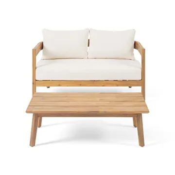 Christopher Knight Home Alina Outdoor Acacia Wood Loveseat Set with Coffee Table, Teak and Beige