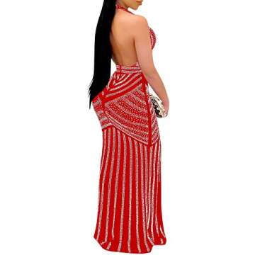 PORRCEY Women's Sexy Deep V Neck Backless Rhinestone Dresses Sexy Long Mermaid Evening Dress(3816,Re...