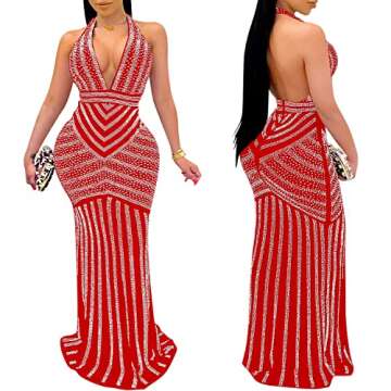 PORRCEY Women's Sexy Deep V Neck Backless Rhinestone Dresses Sexy Long Mermaid Evening Dress(3816,Red,S)