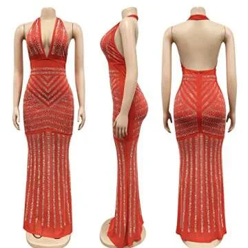 PORRCEY Women's Sexy Deep V Neck Backless Rhinestone Dresses Sexy Long Mermaid Evening Dress(3816,Red,S)