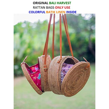 Bali Harvest Round Woven Ata Rattan Bag Batik Linen Inside (with Genuine Leather Strap) (Brown Leather Button)