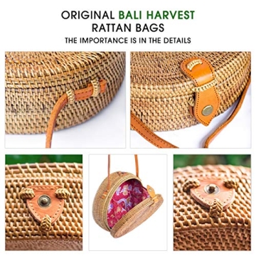 Bali Harvest Round Woven Ata Rattan Bag Batik Linen Inside (with Genuine Leather Strap) (Brown Leather Button)