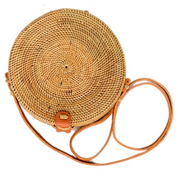 Bali Harvest Round Woven Ata Rattan Bag Batik Linen Inside (with Genuine Leather Strap) (Brown Leather Button)
