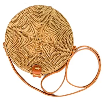Bali Harvest Round Woven Ata Rattan Bag Batik Linen Inside (with Genuine Leather Strap) (Brown Leather Button)
