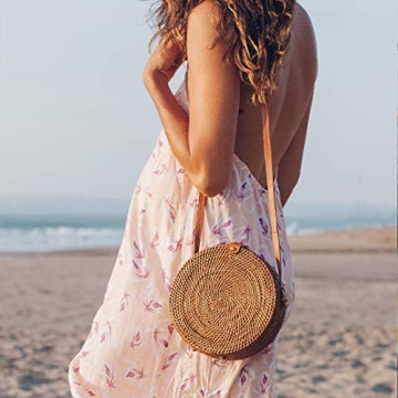 Bali Harvest Round Woven Ata Rattan Bag Batik Linen Inside (with Genuine Leather Strap) (Brown Leather Button)