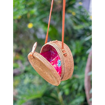 Bali Harvest Round Woven Ata Rattan Bag Batik Linen Inside (with Genuine Leather Strap) (Brown Leather Button)