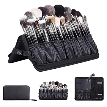 Rownyeon Professional Makeup Brushes Organizer Bag Makeup Artist Cosmetic Case Leather Handbag Black...
