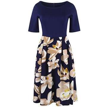 oxiuly Women's Vintage Patchwork Pockets Puffy Swing Casual Party Dress OX165 (Blue + White, l)