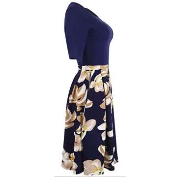 oxiuly Women's Vintage Patchwork Pockets Puffy Swing Casual Party Dress OX165 (Blue + White, l)