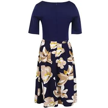 oxiuly Women's Vintage Patchwork Pockets Puffy Swing Casual Party Dress OX165 (Blue + White, l)