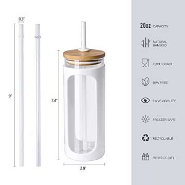 Kodrine 20oz Glass Water Bottle with Straw and Lid,Bamboo Lids Water Tumbler, Iced Coffee Cup Reusab...