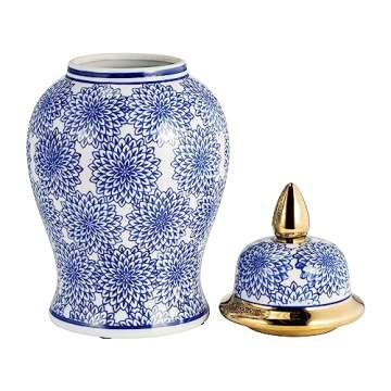 Sagebrook Home 14" Temple Jar With Dalhia Flower, Blue & White | Decorative Jars, Vases, Elegant Sto...