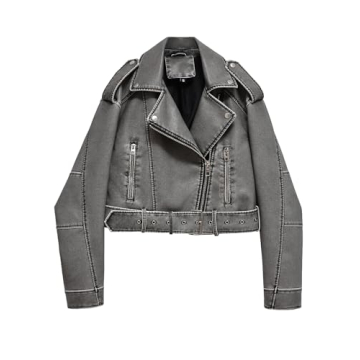 LY VAREY LIN Women Faux Leather Cropped Jacket Lapel Zipper Vintage Biker Short Coat with Belt