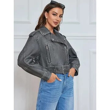 Stylish LY VAREY LIN Faux Leather Cropped Jacket for Women