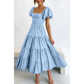 PRETTYGARDEN Women's Casual Summer Midi Dress Puffy Short Sleeve Square Neck Smocked Tiered Ruffle Dresses (Light Blue,X-Large)