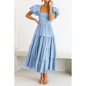 PRETTYGARDEN Women's Casual Summer Midi Dress Puffy Short Sleeve Square Neck Smocked Tiered Ruffle Dresses (Light Blue,X-Large)