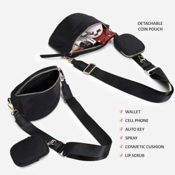 Like Dreams Small Crossbody Bag Unisex, Detachable Coin Pouch, Light weight Nylon Small Utility Fanny Pack Purse (Black)