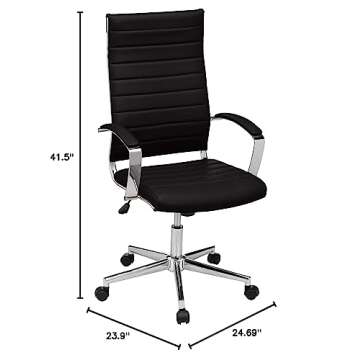 Amazon Basics High-Back Swivel Desk Chair, Ergonomic Ribbed Faux Leather Upholstery, Lumbar Support, Home Modern Style, Black, 45.25" x 24.75" x 23.25"