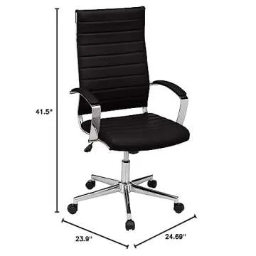 Amazon Basics High-Back Swivel Desk Chair, Ergonomic Ribbed Faux Leather Upholstery, Lumbar Support, Home Modern Style, Black, 45.25" x 24.75" x 23.25"