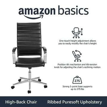 Amazon Basics High-Back Swivel Desk Chair, Ergonomic Ribbed Faux Leather Upholstery, Lumbar Support, Home Modern Style, Black, 45.25" x 24.75" x 23.25"