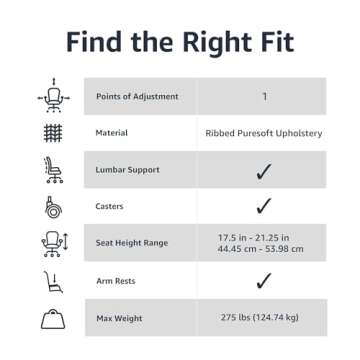 Amazon Basics High-Back Swivel Desk Chair, Ergonomic Ribbed Faux Leather Upholstery, Lumbar Support, Home Modern Style, Black, 45.25" x 24.75" x 23.25"