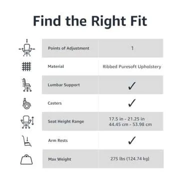 Amazon Basics High-Back Swivel Desk Chair, Ergonomic Ribbed Faux Leather Upholstery, Lumbar Support, Home Modern Style, Black, 45.25" x 24.75" x 23.25"