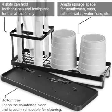 MYITYARD Toothbrush Holders for Bathrooms, 4 Slots Rustproof Metal Tooth Brushing Organizer with Drainage, Electric Tooth Brush Toothpaste Holder for Bathroom Countertop, Black