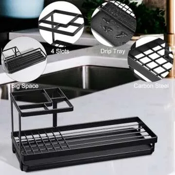 MYITYARD Toothbrush Holders for Bathrooms, 4 Slots Rustproof Metal Tooth Brushing Organizer with Drainage, Electric Tooth Brush Toothpaste Holder for Bathroom Countertop, Black