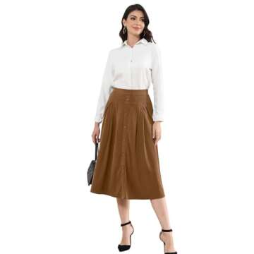 Women Brown Midi Skirt Vintage Button Front High Waist A-Line Corduroy Skirts with Pockets Fall Wint...
