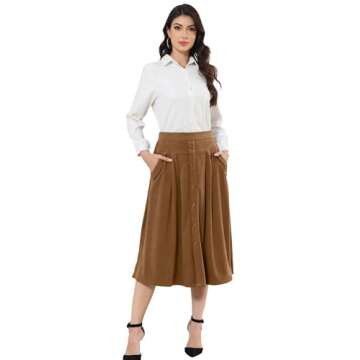 Women Brown Midi Skirt Vintage Button Front High Waist A-Line Corduroy Skirts with Pockets Fall Winter 2024 Trendy Brown S