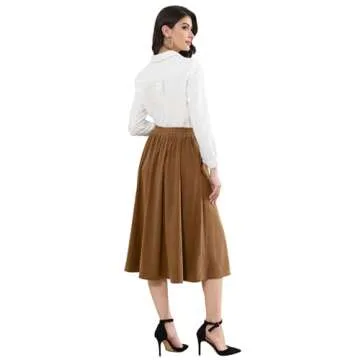 Women Brown Midi Skirt Vintage Button Front High Waist A-Line Corduroy Skirts with Pockets Fall Winter 2024 Trendy Brown S