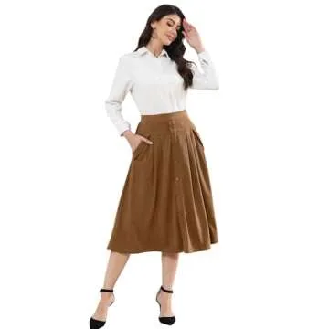 Women Brown Midi Skirt Vintage Button Front High Waist A-Line Corduroy Skirts with Pockets Fall Winter 2024 Trendy Brown S