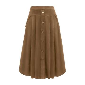 Women Brown Midi Skirt Vintage Button Front High Waist A-Line Corduroy Skirts with Pockets Fall Winter 2024 Trendy Brown S