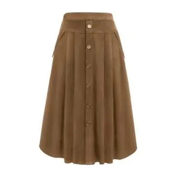 Women Brown Midi Skirt Vintage Button Front High Waist A-Line Corduroy Skirts with Pockets Fall Winter 2024 Trendy Brown S