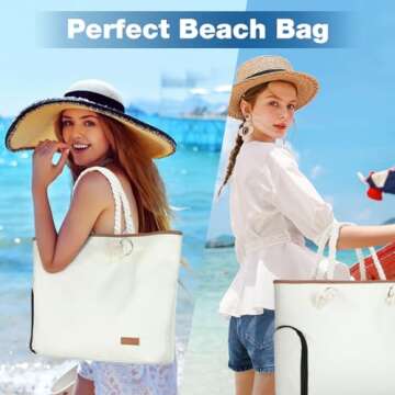 Lekesky Beach Bags for Women - Large Waterproof Beach Tote Bag with Zipper - Beige