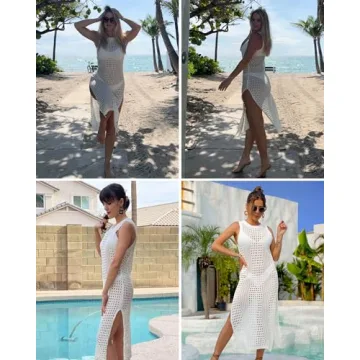 Bsubseach Women Beige Hollow Out Sleeveless Bikini Swimsuit Cover Up Swimwear Side Split Crochet Tank Beach Dress