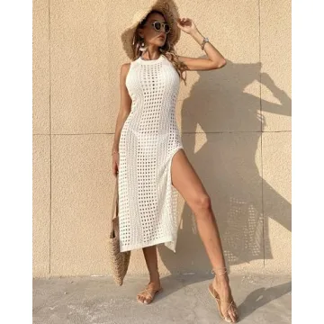 Bsubseach Women Beige Hollow Out Sleeveless Bikini Swimsuit Cover Up Swimwear Side Split Crochet Tank Beach Dress