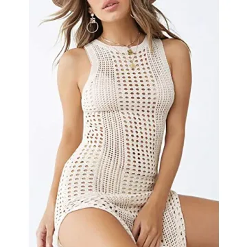 Bsubseach Women Beige Hollow Out Sleeveless Bikini Swimsuit Cover Up Swimwear Side Split Crochet Tank Beach Dress