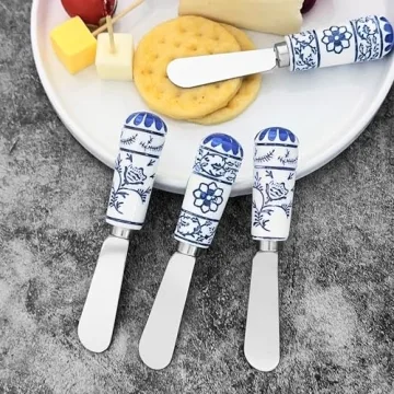 Supreme Housewares Cheese and Butter Spreader 4-Piece Hand Painted Resin Handle with Stainless Steel Blade Multipurpose Cheese Spreader set (Global Garden)