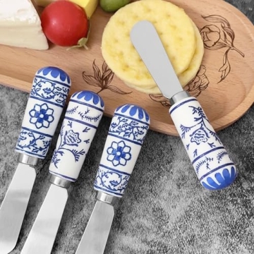 Supreme Housewares Cheese and Butter Spreader 4-Piece Hand Painted Resin Handle with Stainless Steel Blade Multipurpose Cheese Spreader set (Global Garden)